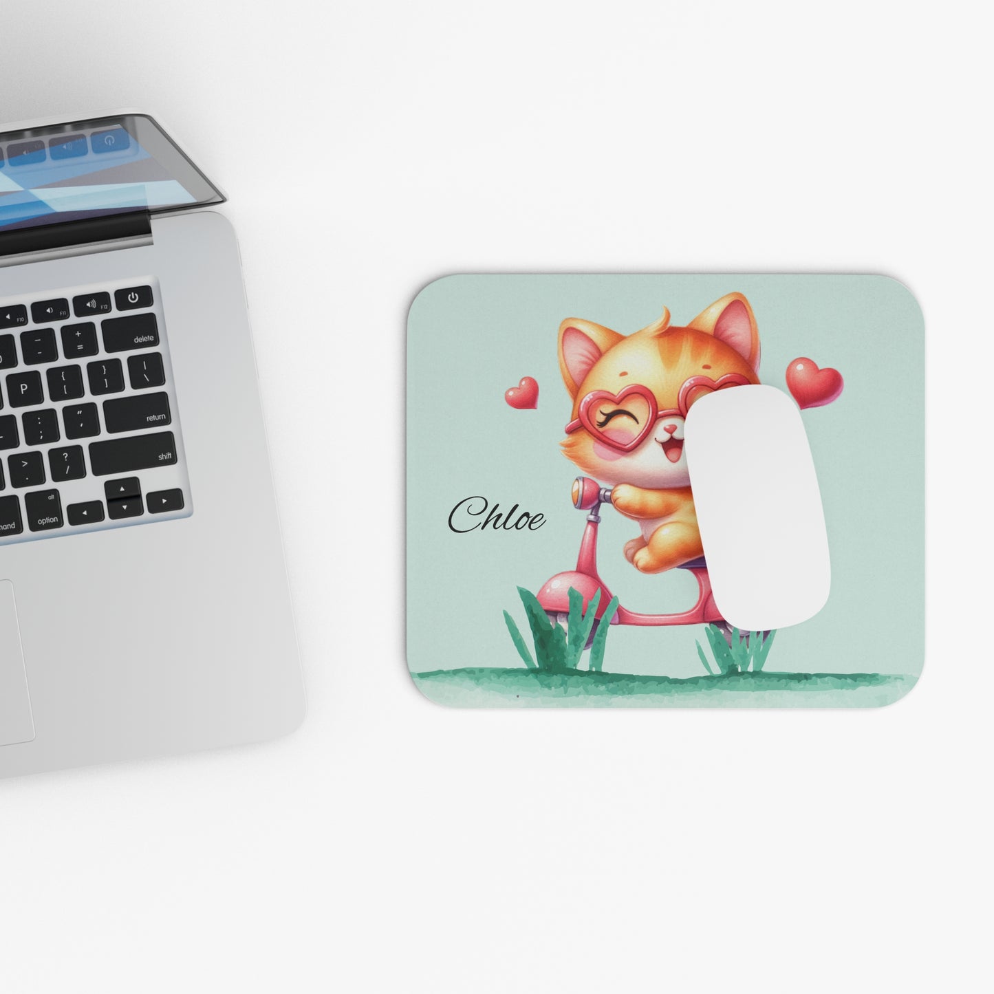 Cute Cat Scooter Personalized Mouse Pad — Custom Name 'Chloe'