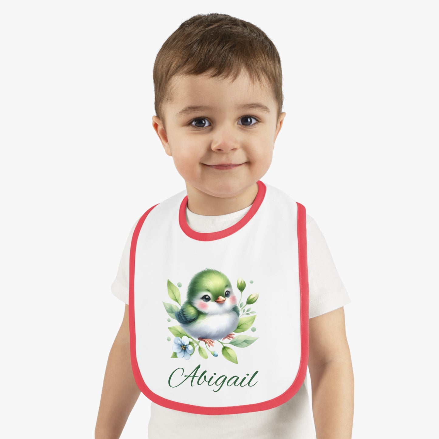 Personalized Baby Bib — Green Watercolor Bird with Name