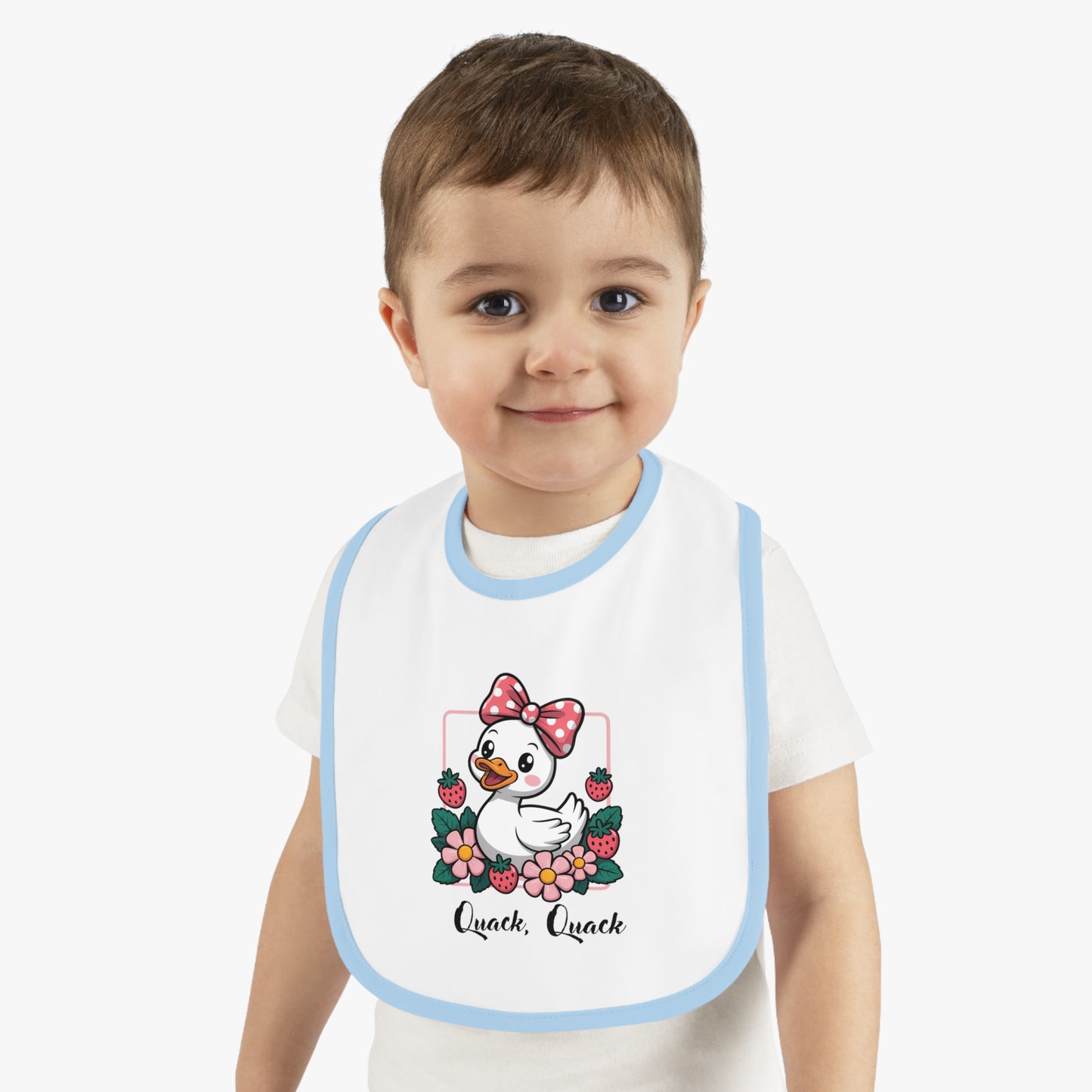 Baby Bib — Cute Duck "Quack Quack" Floral Contrast Trim