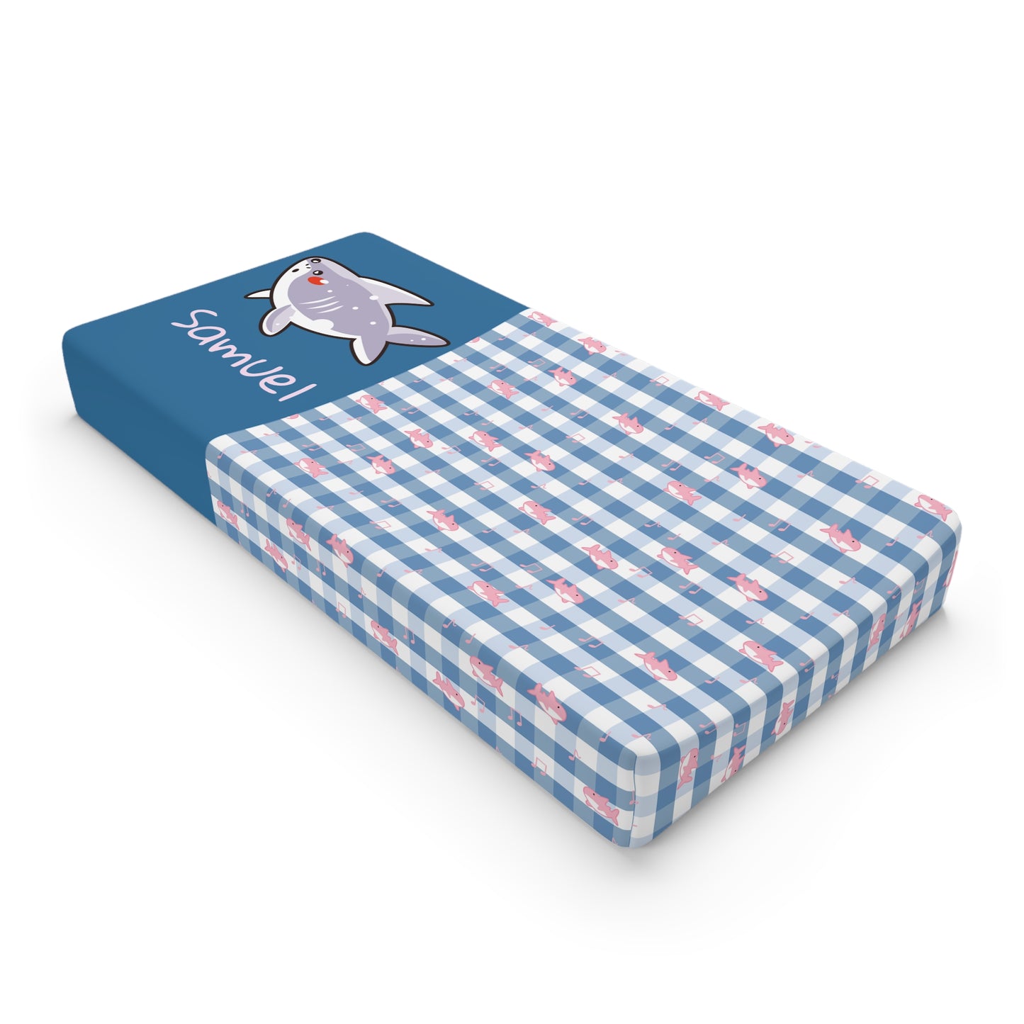 Personalized Shark Baby Changing Pad Cover — Blue Gingham with Name