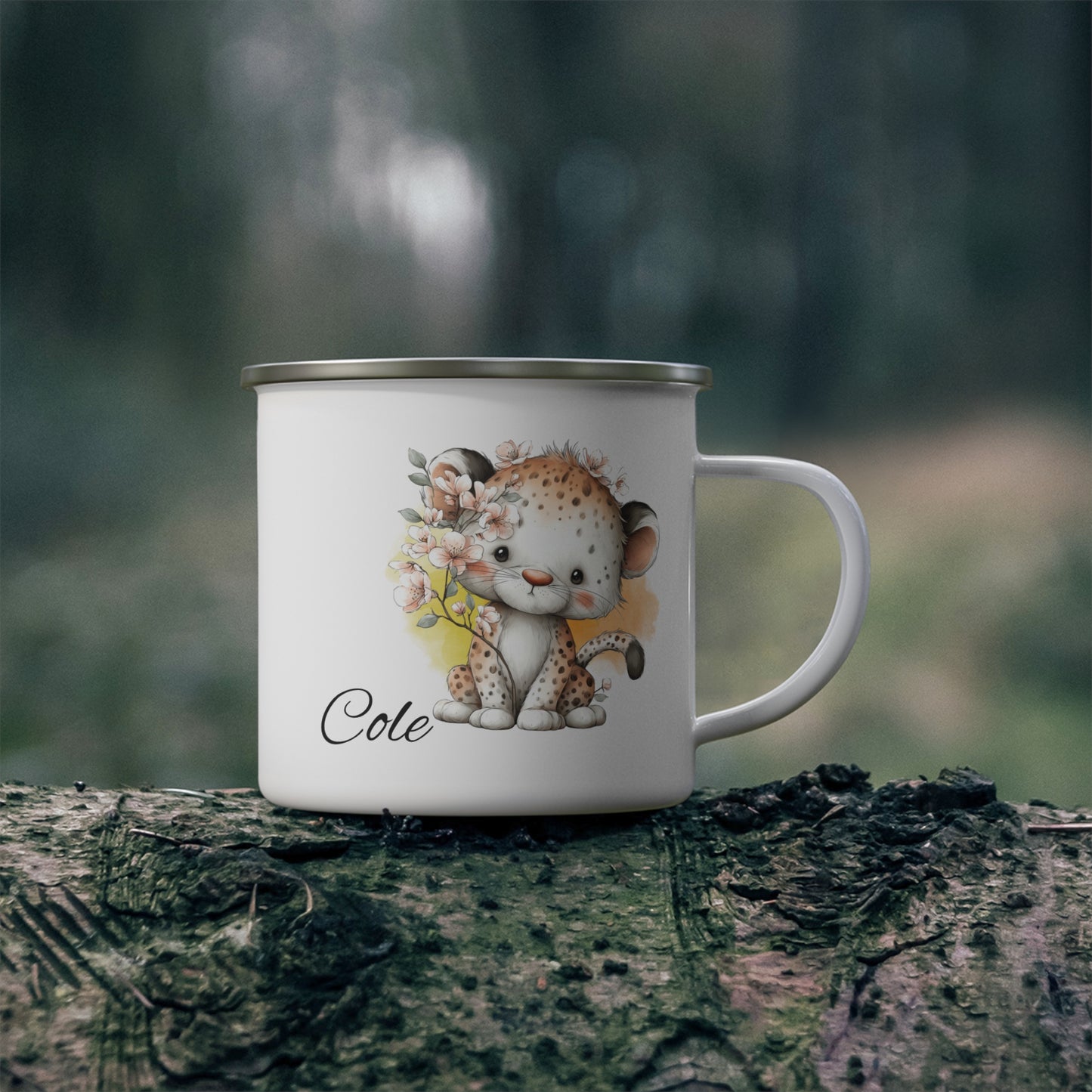 Personalized Enamel Mug — Cute Baby Leopard Camping Cup with Name "Cole"
