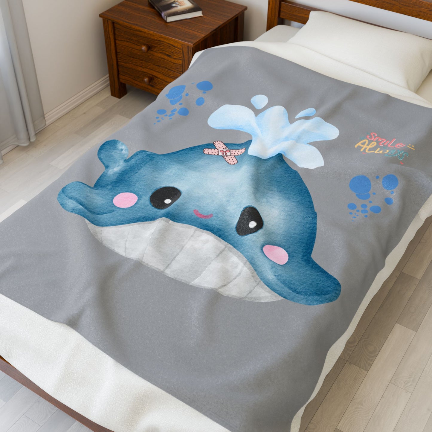 Whale with a bandage and bubble Velveteen Plush Blanket