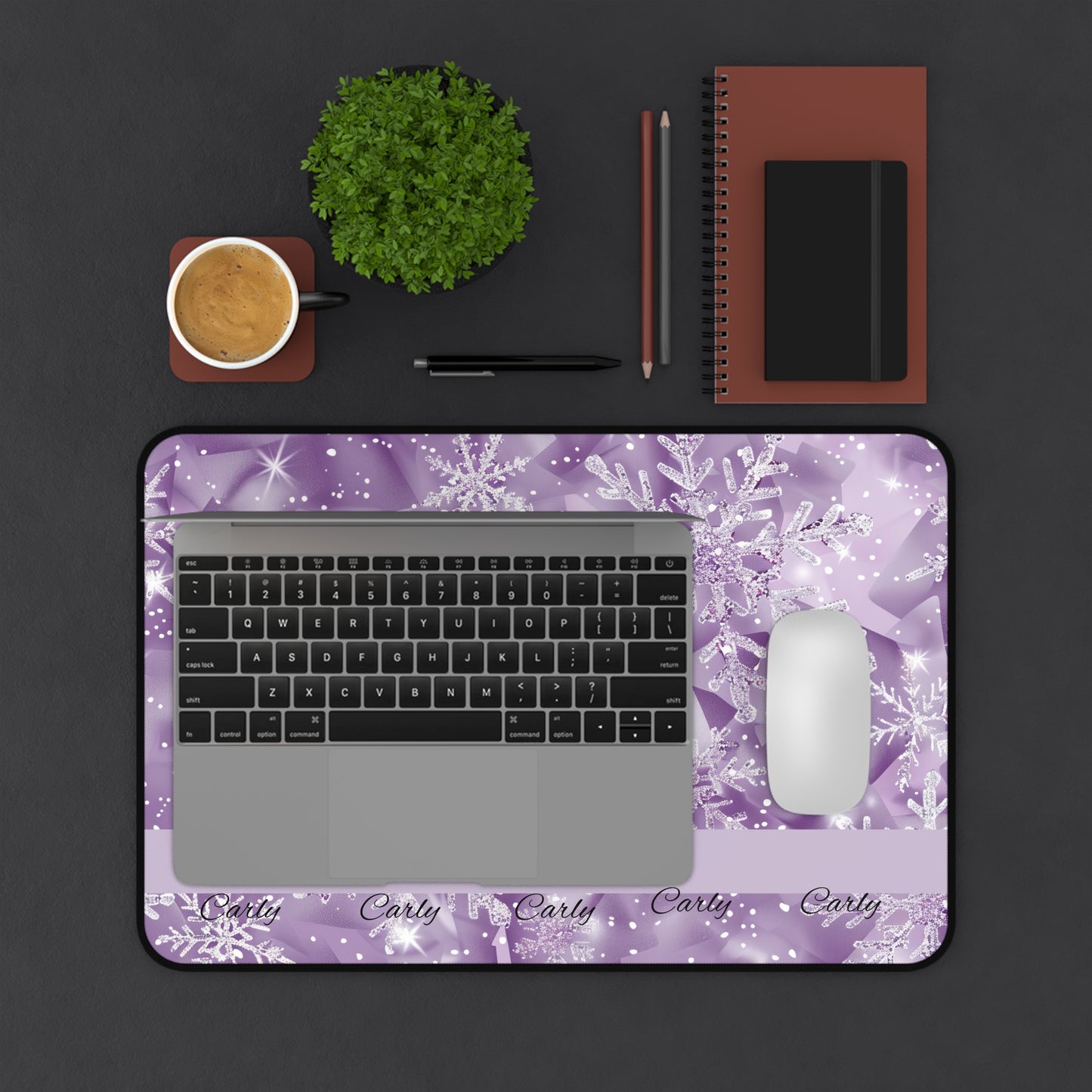 Personalized Snowflake Desk Mat, Custom Mouse Pad, Winter Office Decor, Holiday Gift, Purple Snowflakes