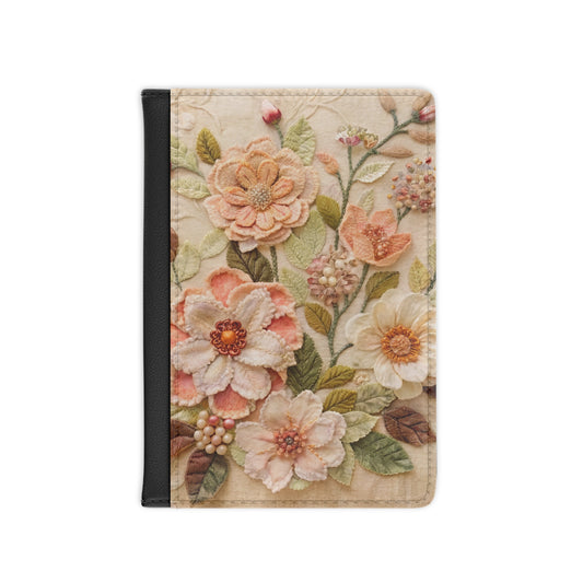 Floral Embroidered Passport Cover — Vintage Peach Blossom Travel Wallet