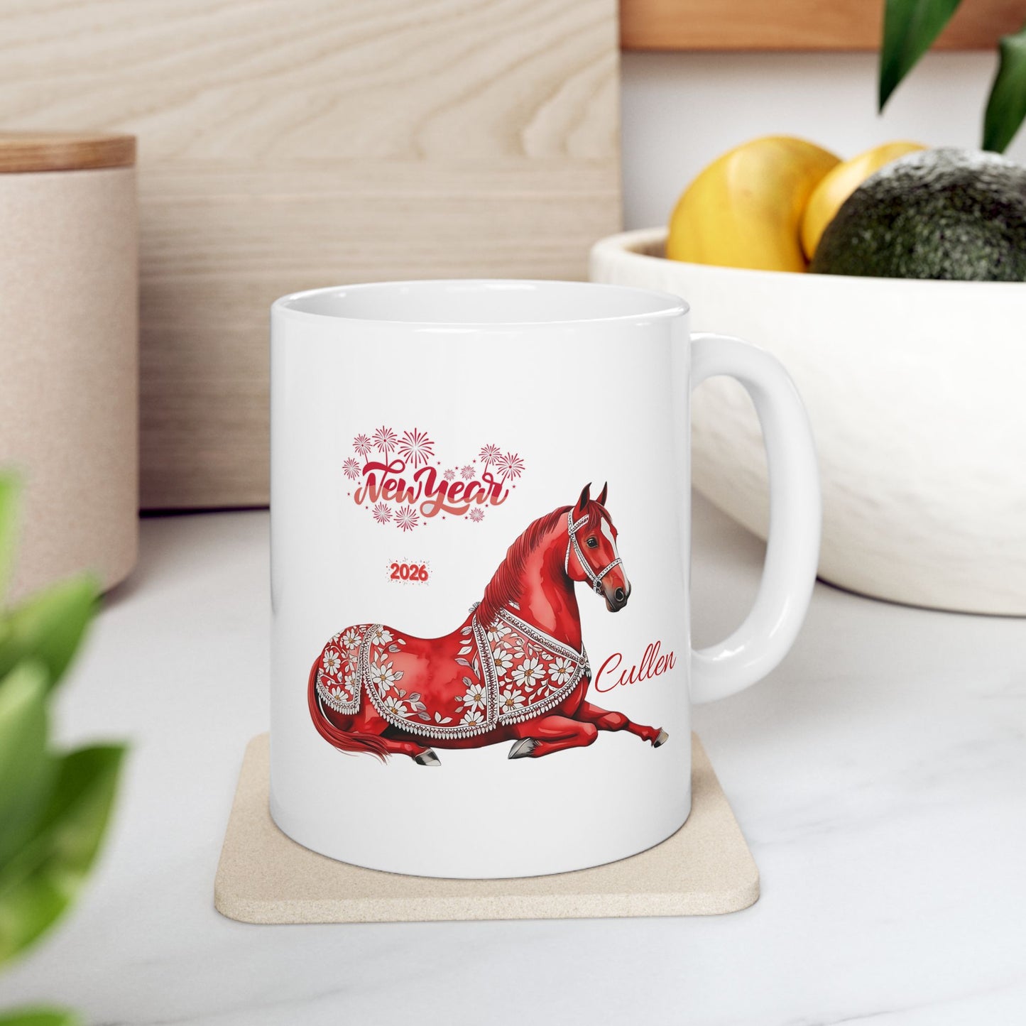 Personalized Red Horse Ceramic Mug — Floral Horse Illustration, Custom Name Option (11oz & 15oz)