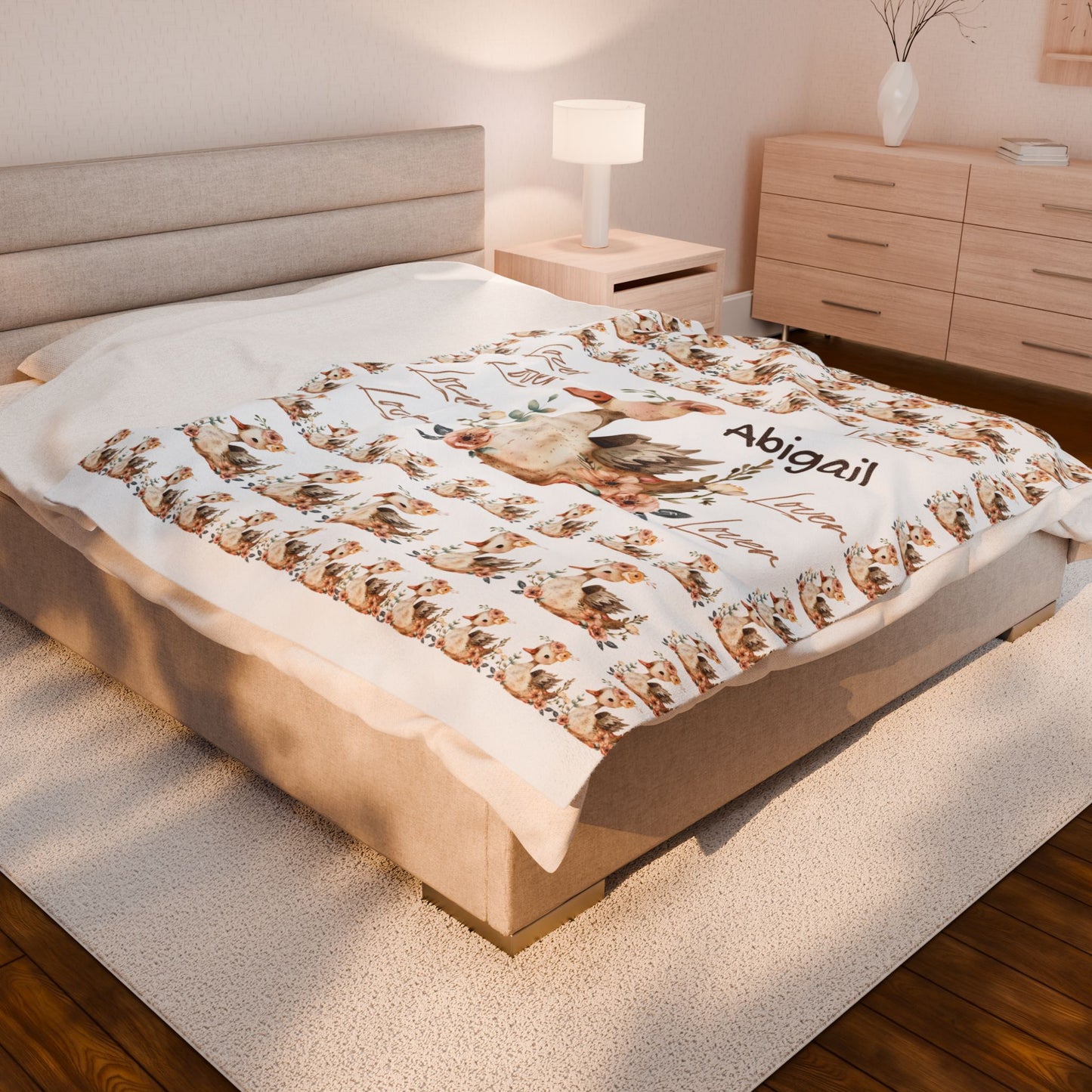 Personalized Velveteen Plush Blanket with Floral Duck Design | Cozy Gift for Baby Nursery, Birthday, Baby Shower, New Parents