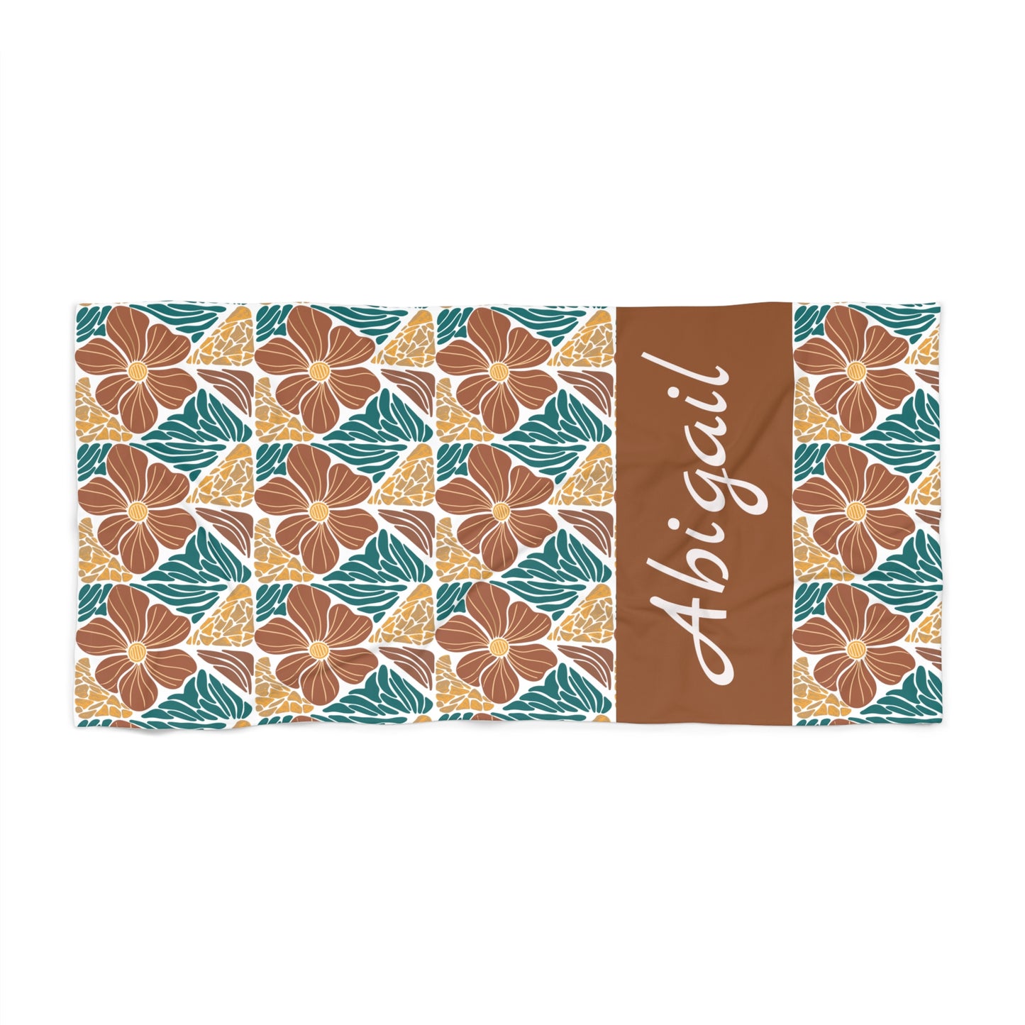 Personalized Floral Beach Towel — Custom Name Abigail, Tropical Hibiscus Pattern