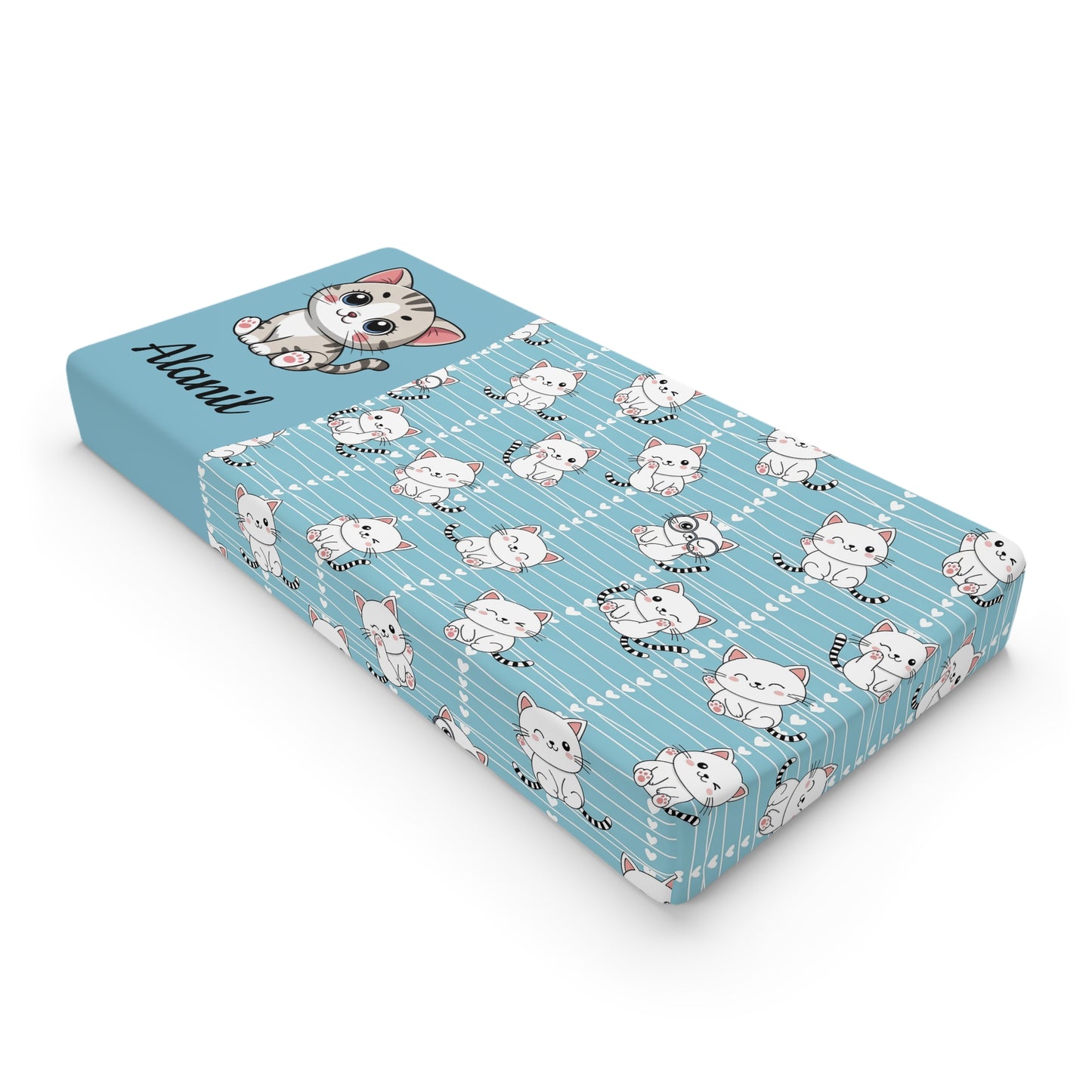 Blue Kitten Baby Changing Pad Cover — Personalized Nursery Mattress Protector
