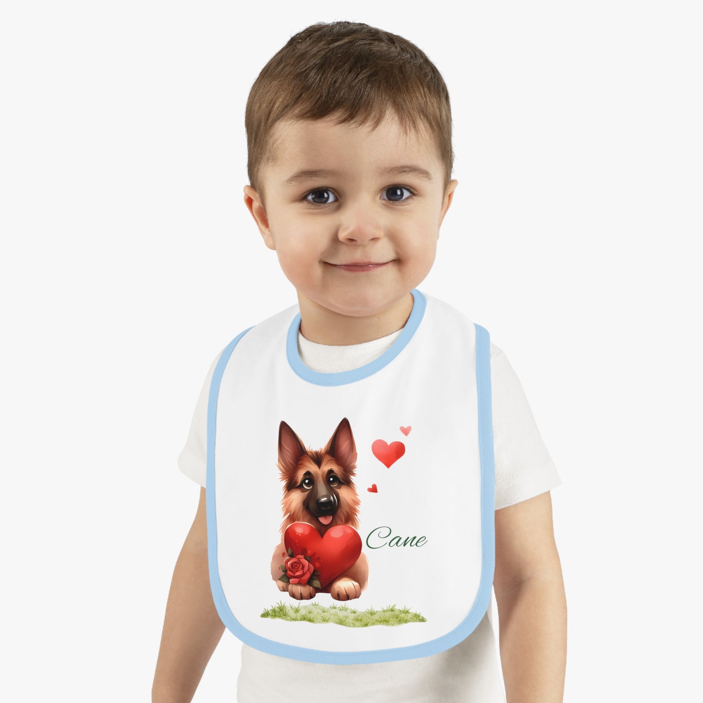 German Shepherd Baby Bib — Cute Puppy Holding Heart Valentine Infant Bib