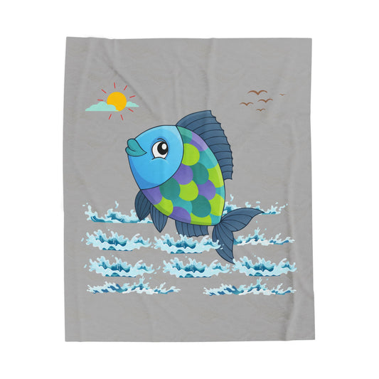 Fish with a sun and birds in the sky above water Velveteen Plush Blanket