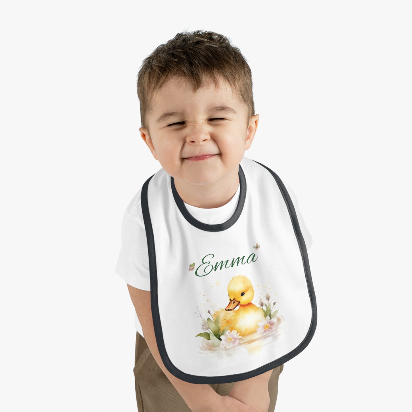 Personalized Duckling Baby Bib — Custom Name Infant Contrast Trim Feeding Bib
