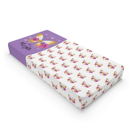 Butterfly Floral Baby Changing Pad Cover — Personalized "Mom" Purple Accent