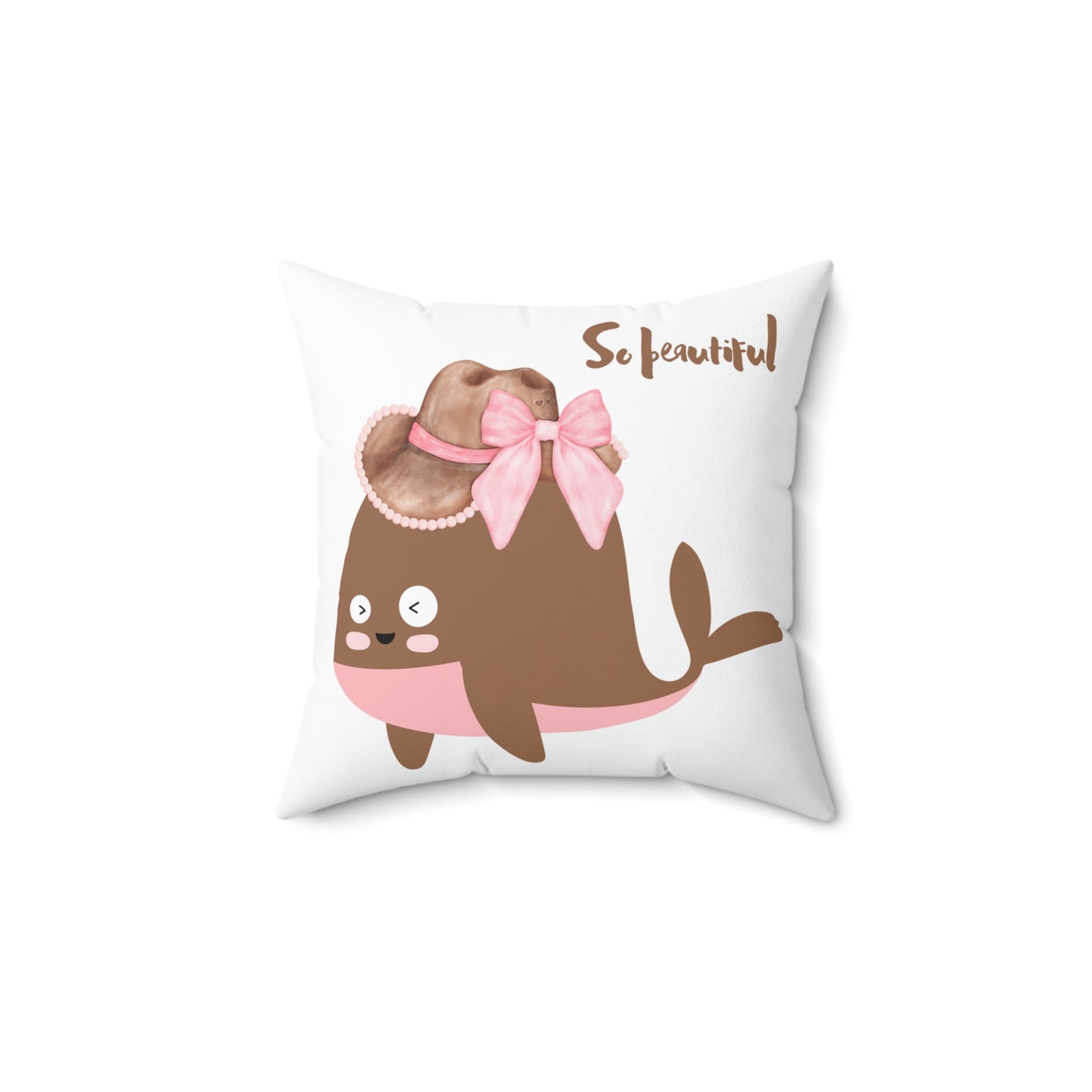 Whale wearing a cowboy hat with a pink bow Spun Polyester Square Pillow