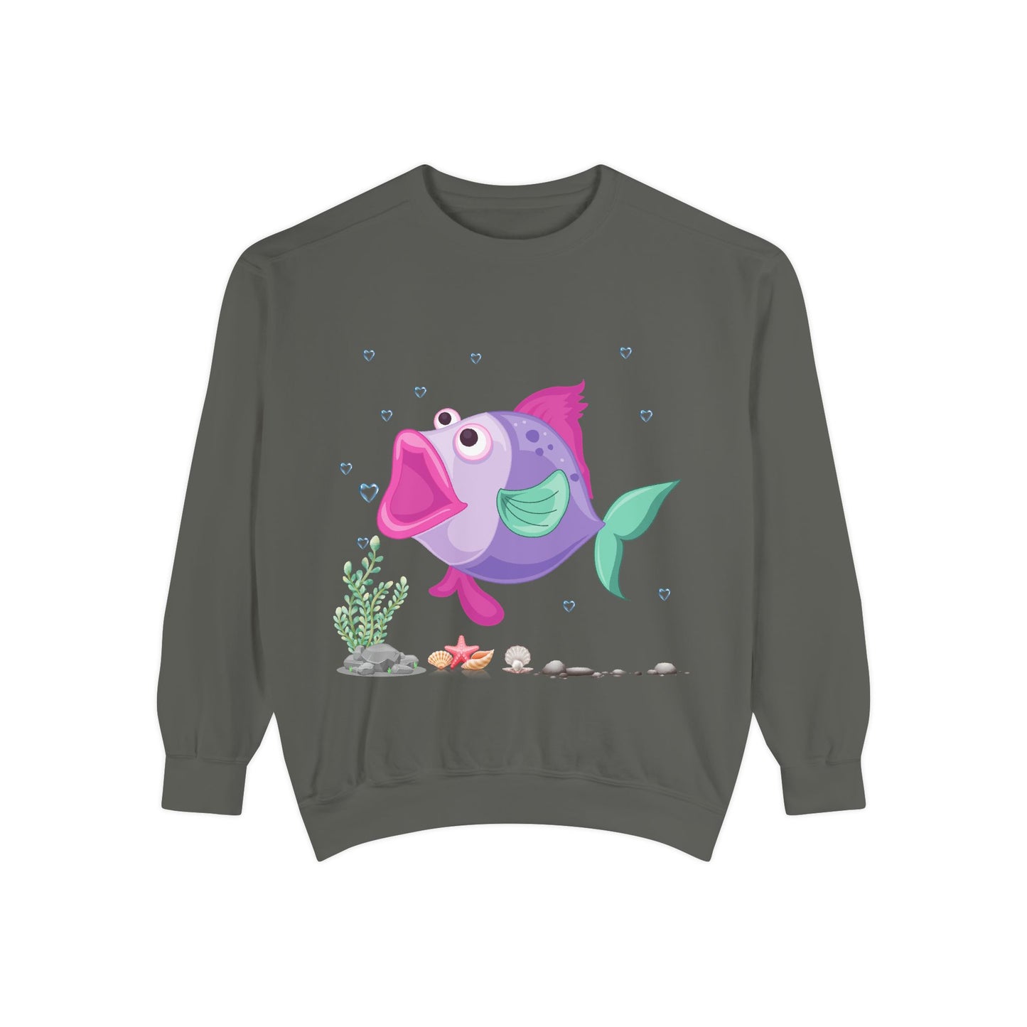 Fish with open mouth bubbles and underwater flora Unisex Garment-Dyed Sweatshirt