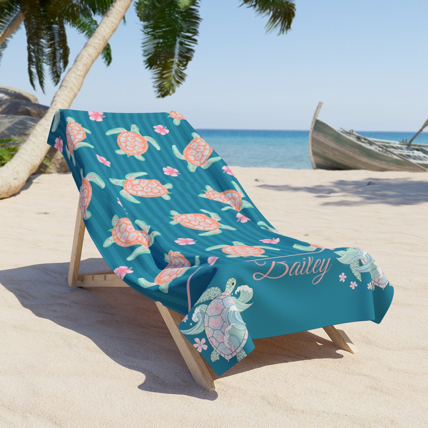 Sea Turtle Beach Towel — Personalized Tropical Floral Ocean Design