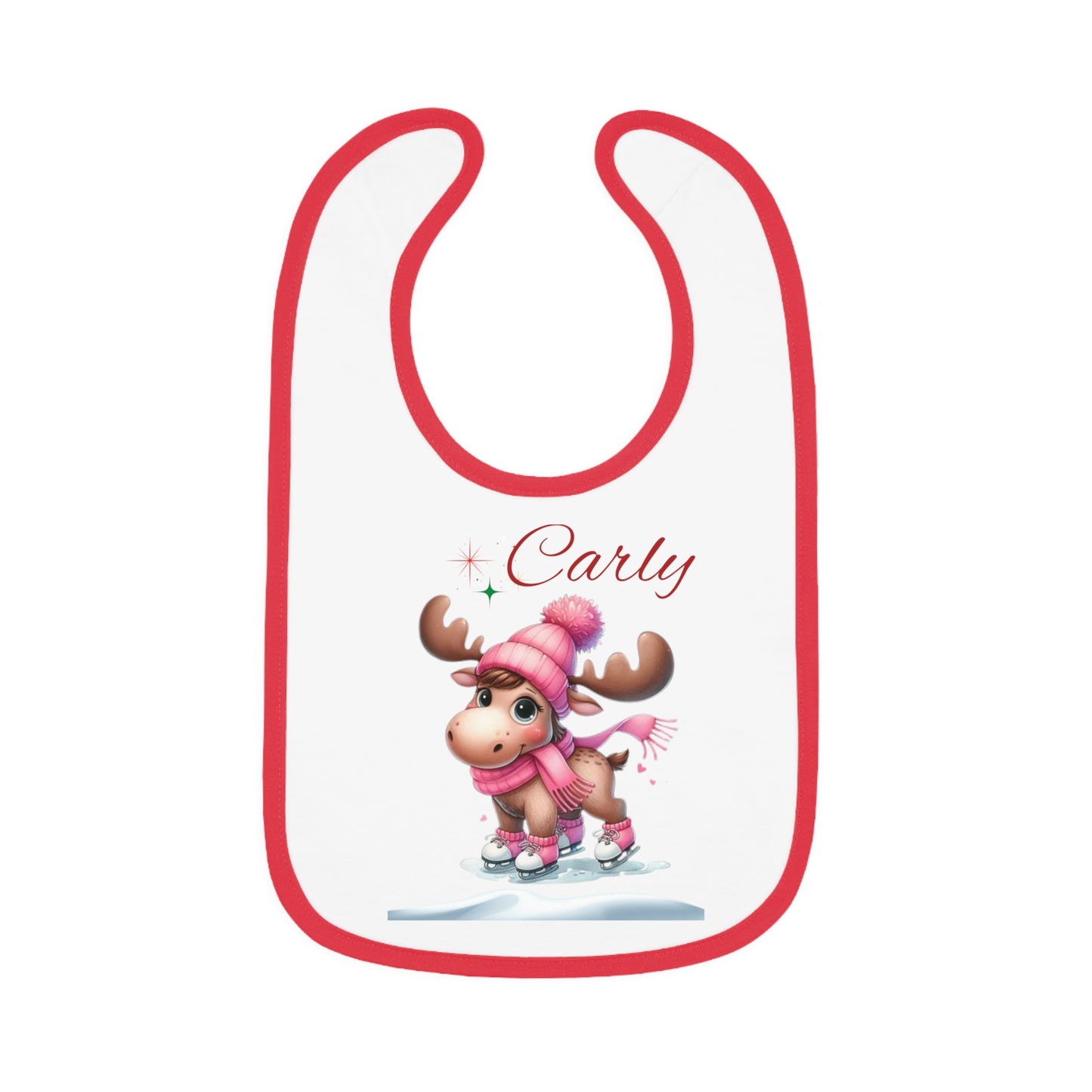 Personalized Baby Bib — Cute Ice Skating Moose with Name (Custom Carly)