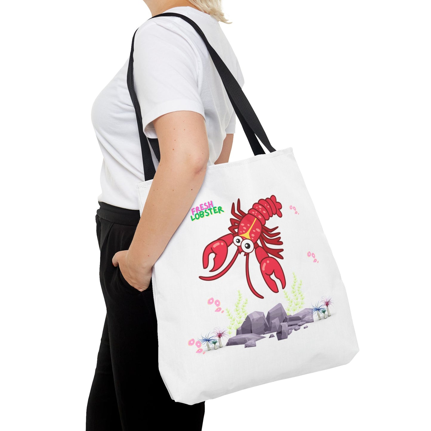 Friendly red lobster big eyes and yellow strip Tote Bag