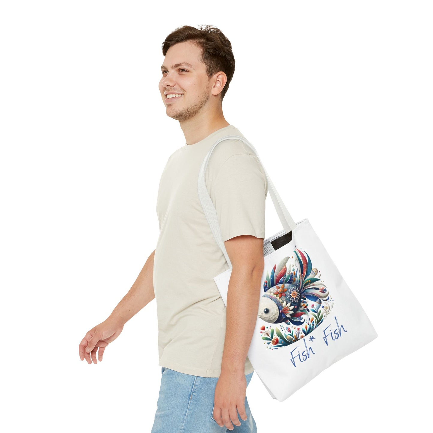 Floral Fish Tote Bag — Colorful Whimsical "Fish Fish" Canvas Tote