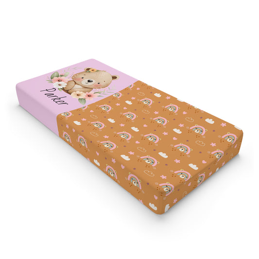 Personalized Baby Changing Pad Cover – Floral Teddy & Rainbow Print