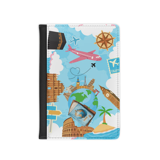 Travel Passport Cover — World Landmarks, Airplane & Beach Travel Wallet
