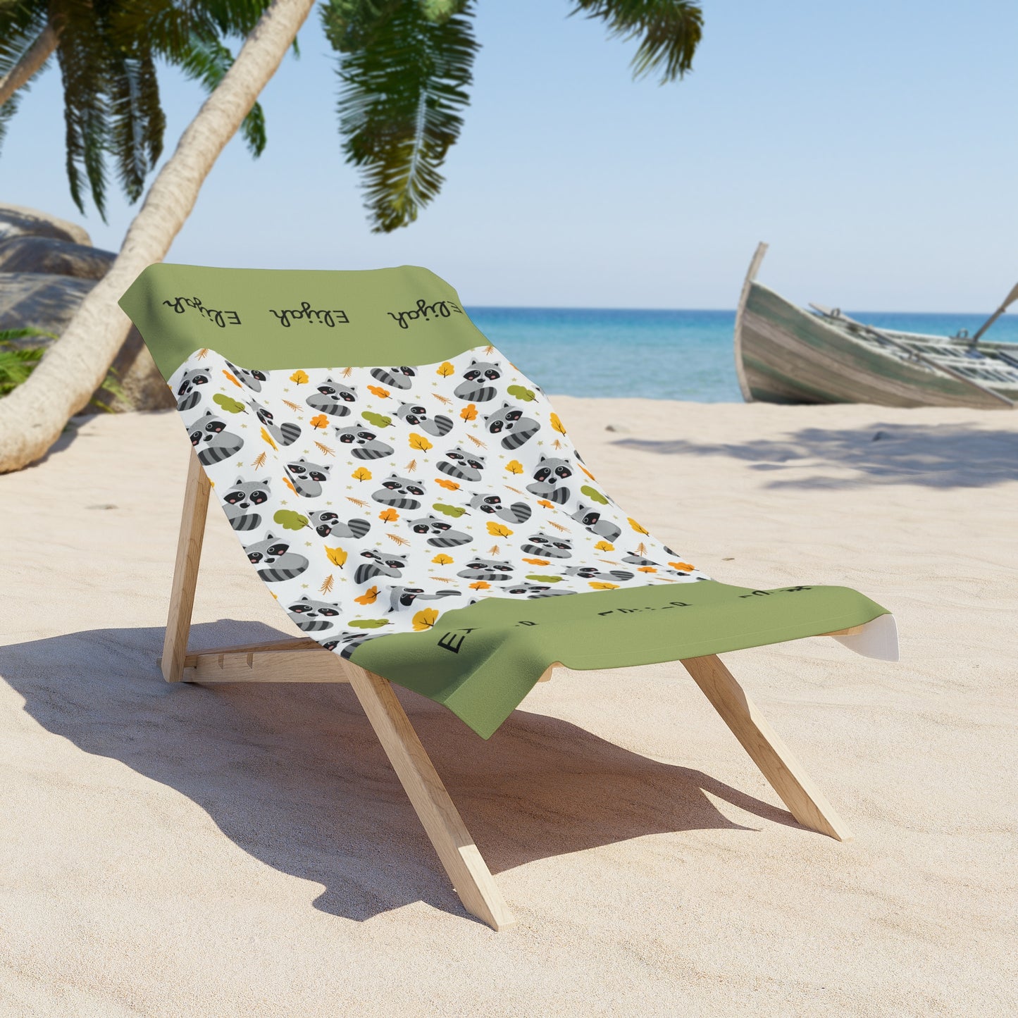 Personalized Racoon Pattern Beach Towel – Custom Name Tropical Leaf Design
