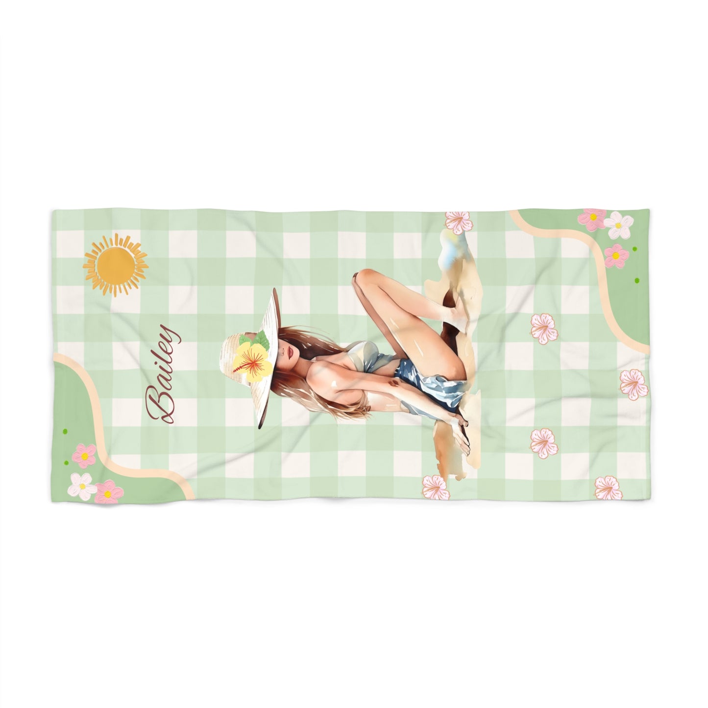Personalized Pin-Up Beach Towel — Retro Sun & Gingham Swim Girl Design