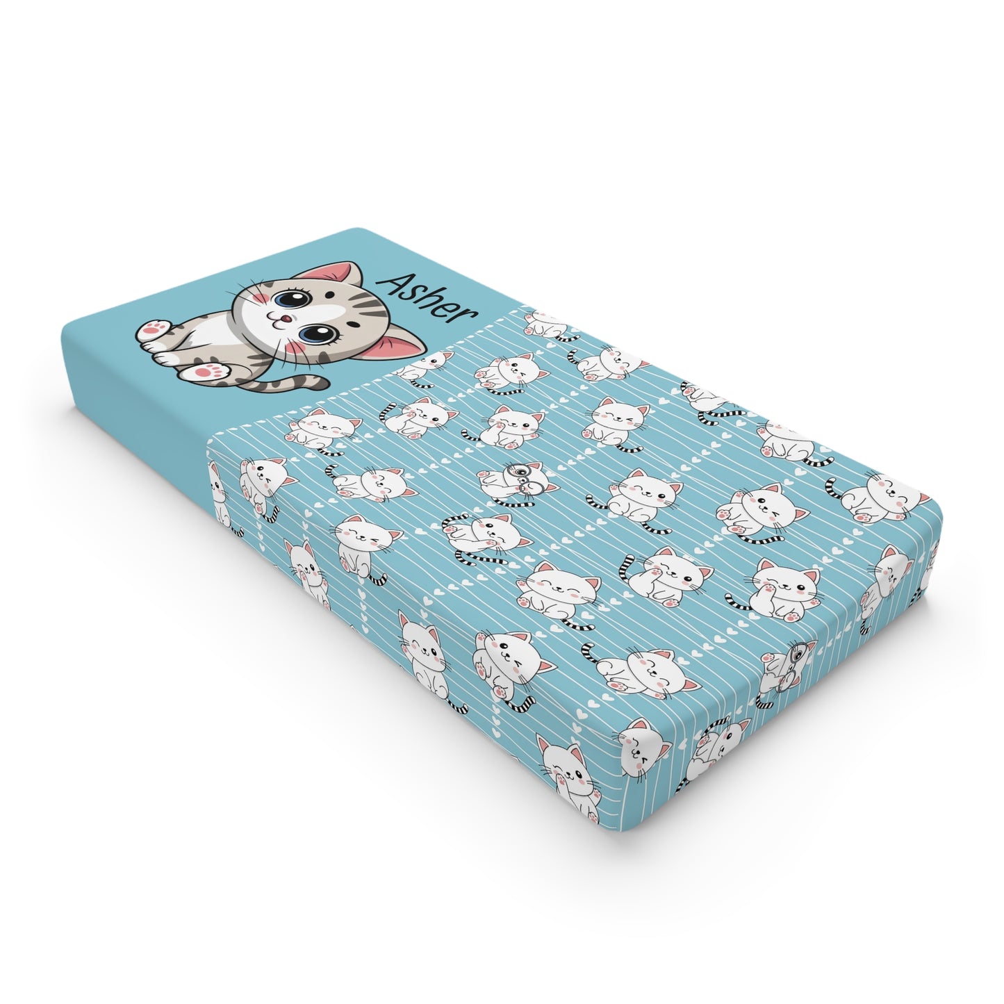 Blue Kitten Baby Changing Pad Cover — Personalized Name Nursery Accessory