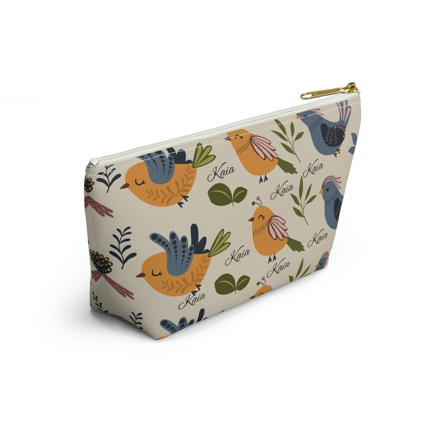 Bird Pattern Accessory Pouch — Personalized "Kaia" Cosmetic Bag