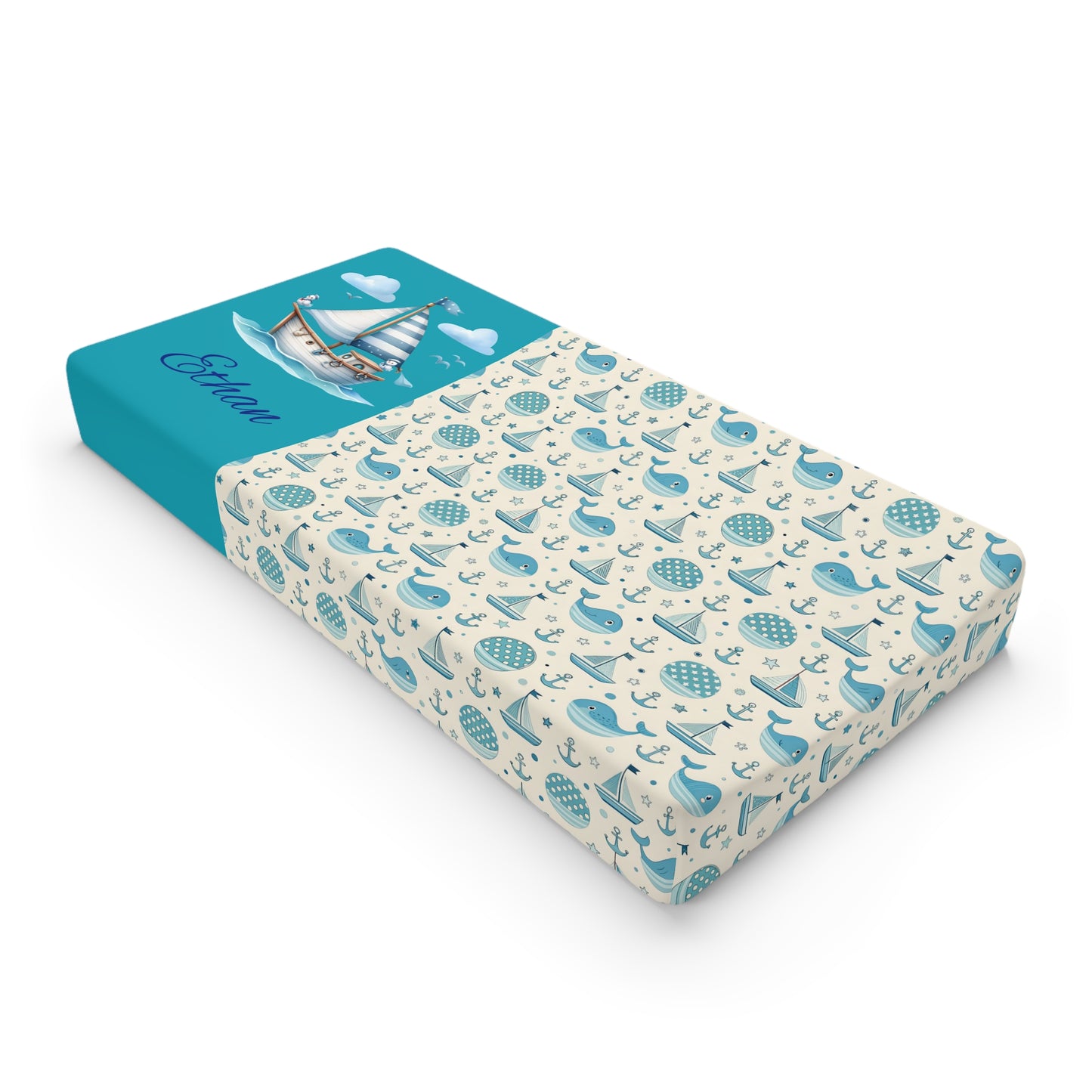 Baby Changing Pad Cover – Nautical Whale & Sailboat Pattern (Personalizable)