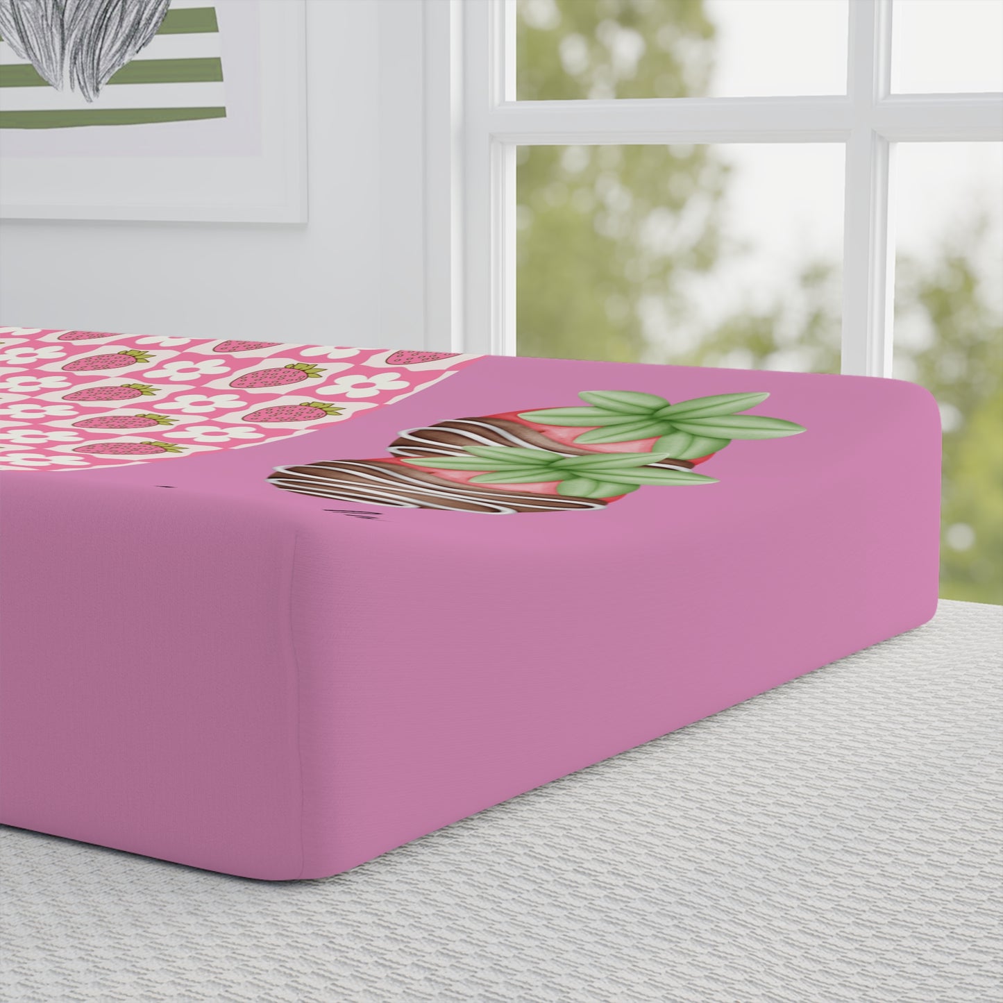 Pink Floral Strawberry Changing Pad Cover — Personalized Baby Nursery Accessory