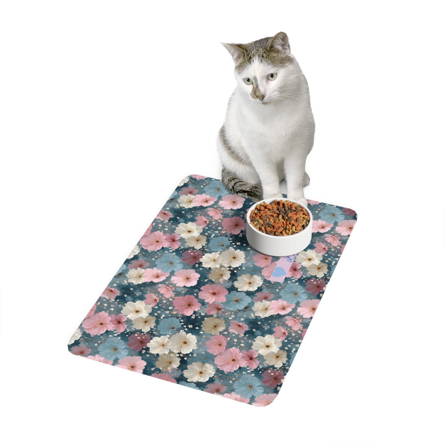 Floral Personalized Pet Food Mat (12x18) — Blue Pink Blossom Feeding Mat