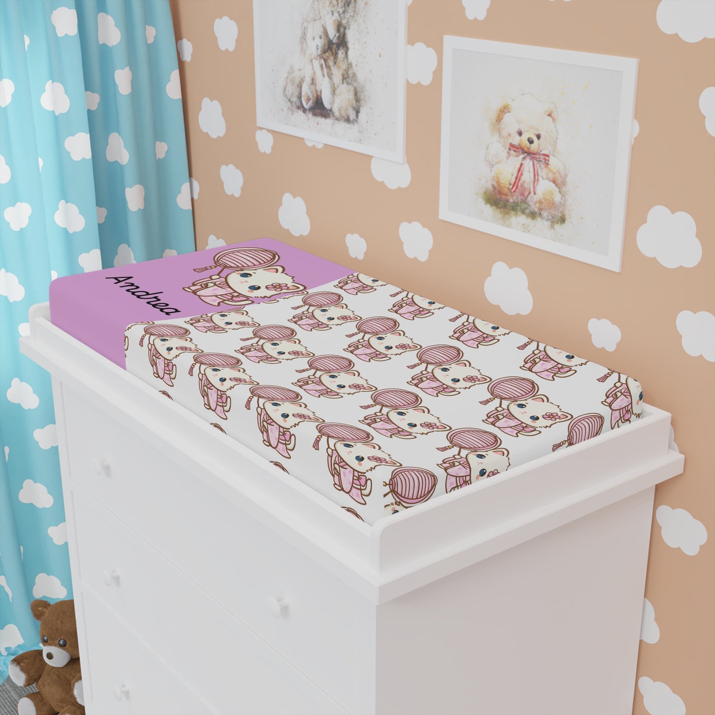 Personalized Pink Doll Baby Changing Pad Cover — Cute Nursery Accessory
