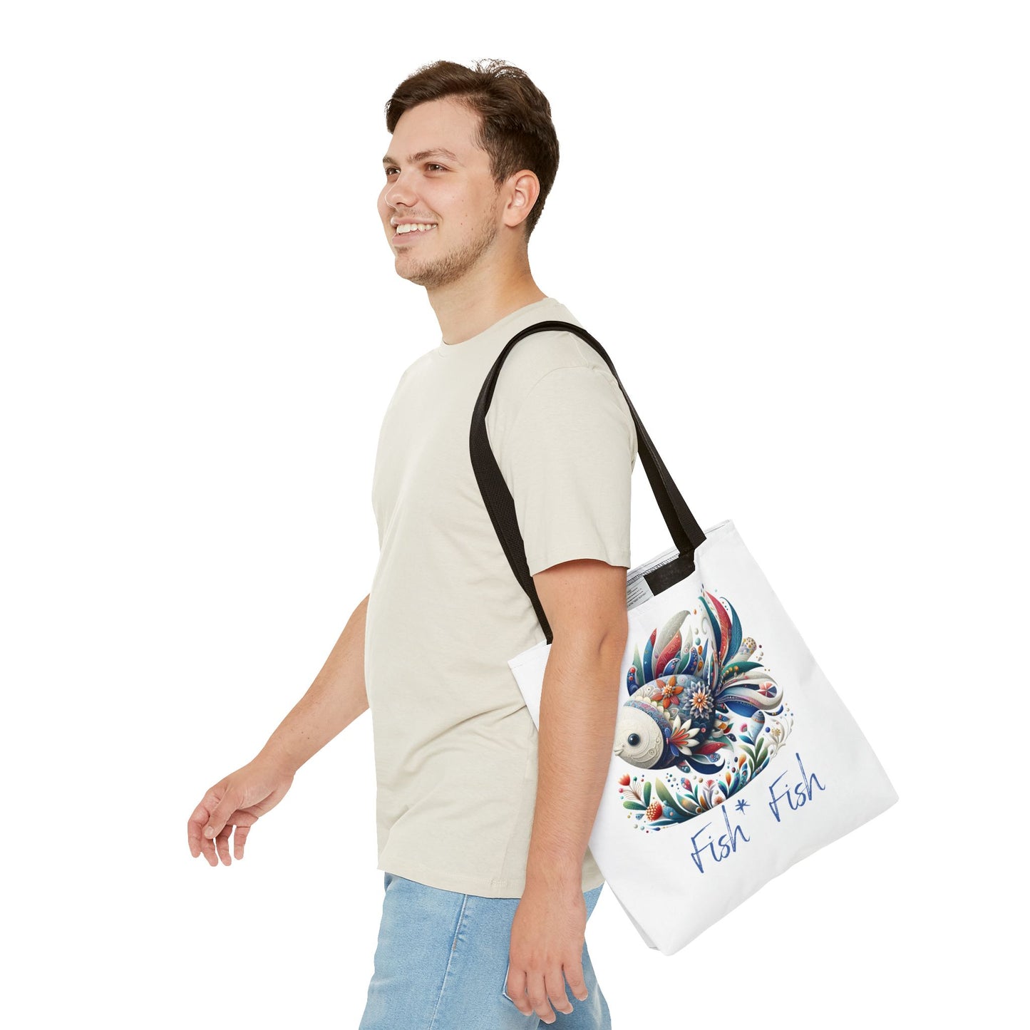 Floral Fish Tote Bag — Colorful Whimsical "Fish Fish" Canvas Tote