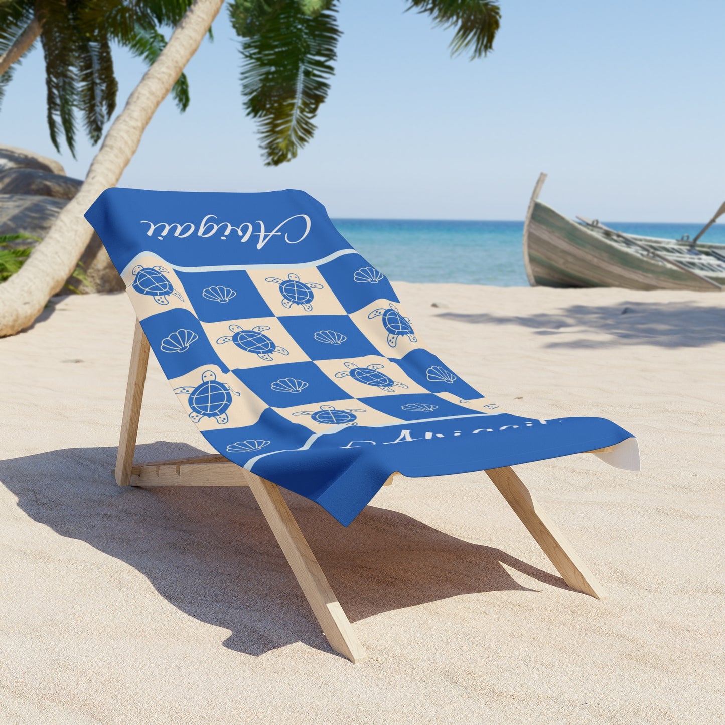 Personalized Abigail Beach Towel – Nautical Sea Turtle & Shell Checkerboard