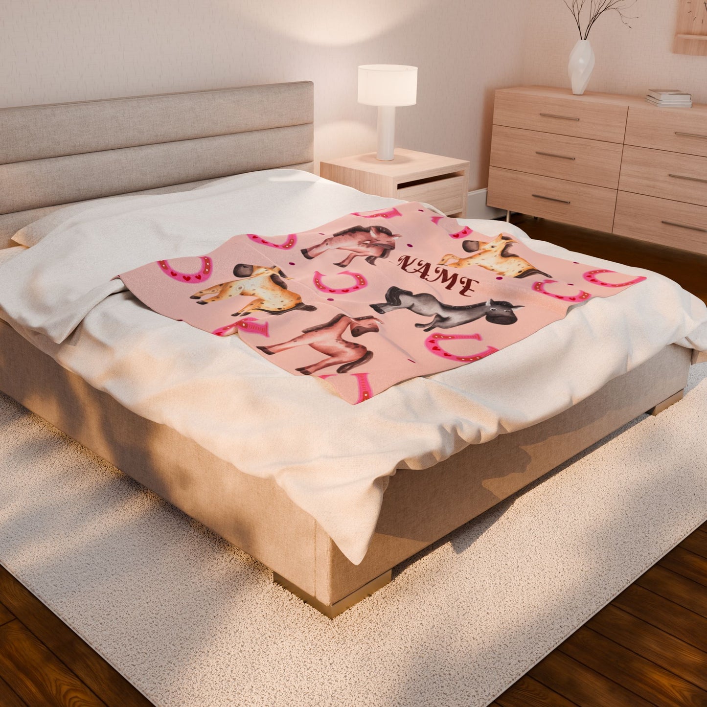Personalized Horse-Themed Velveteen Plush Blanket, Cozy Nursery Décor, Gifts for Kids, Horse Lover's Gift, Animal Lover Blanket
