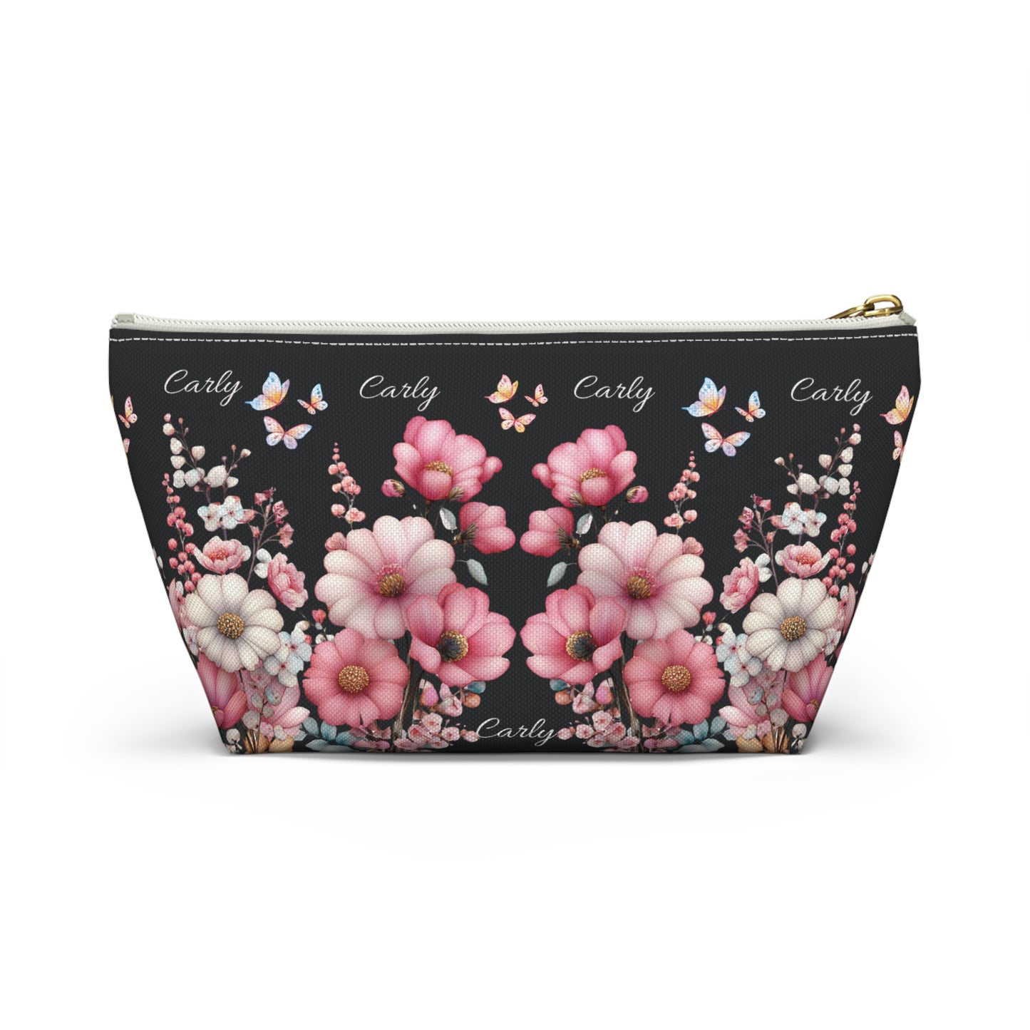 Floral Cosmetic Pouch with Pink Blooms — Personalized 'Carly' Accessory Bag