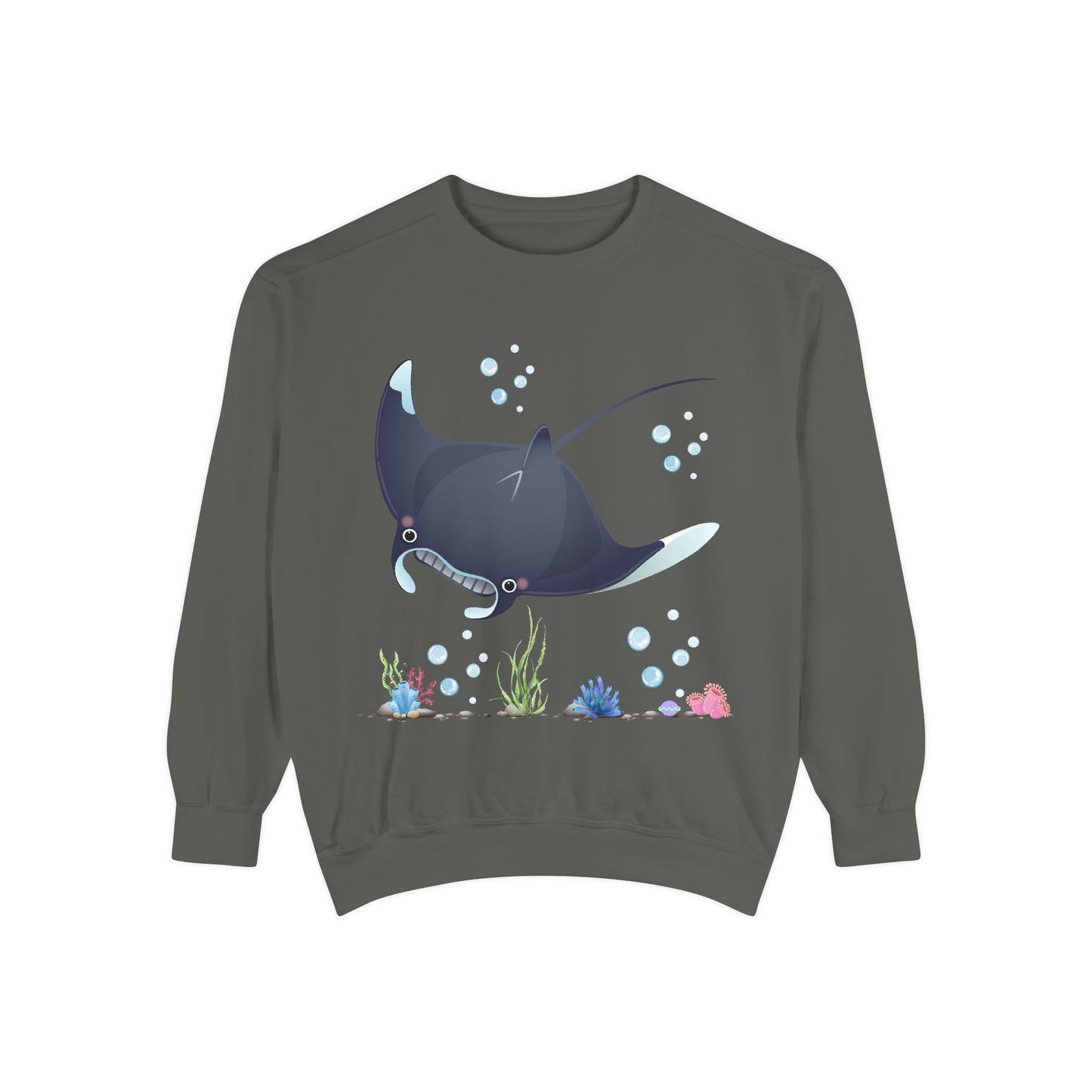 Manta ray with bubbles and coral reef Unisex Garment-Dyed Sweatshirt