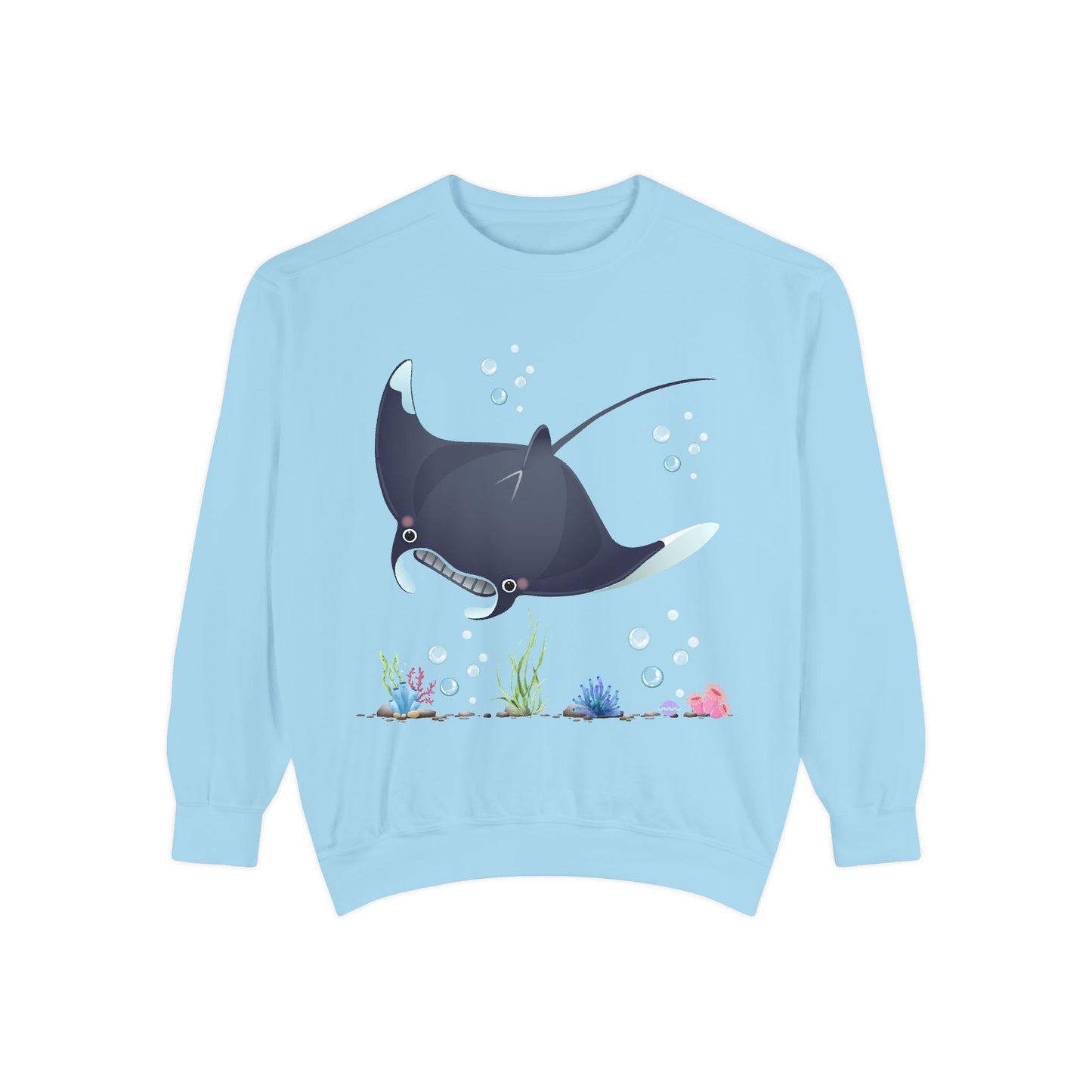 Manta ray with bubbles and coral reef Unisex Garment-Dyed Sweatshirt