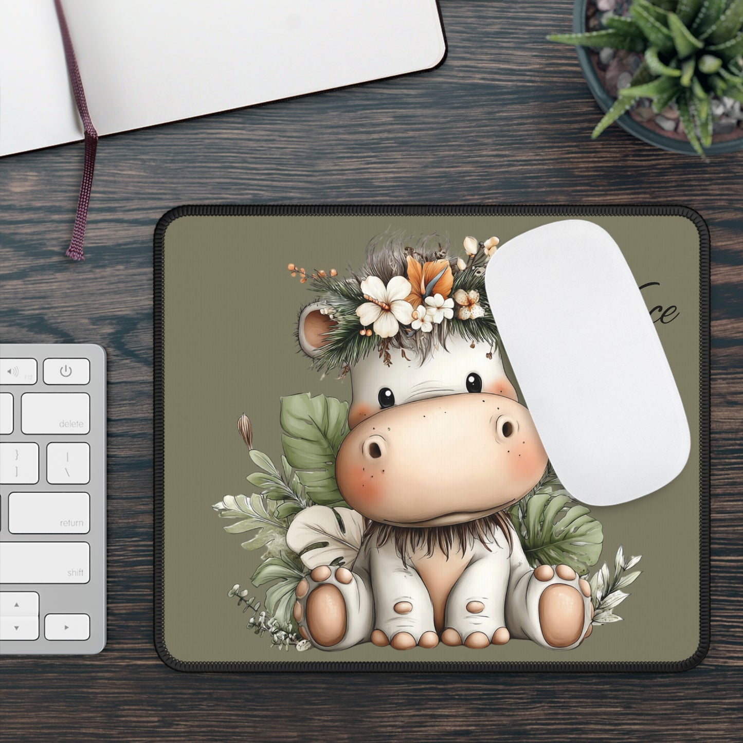 Cute Floral Cow Gaming Mouse Pad — Personalized Name Option