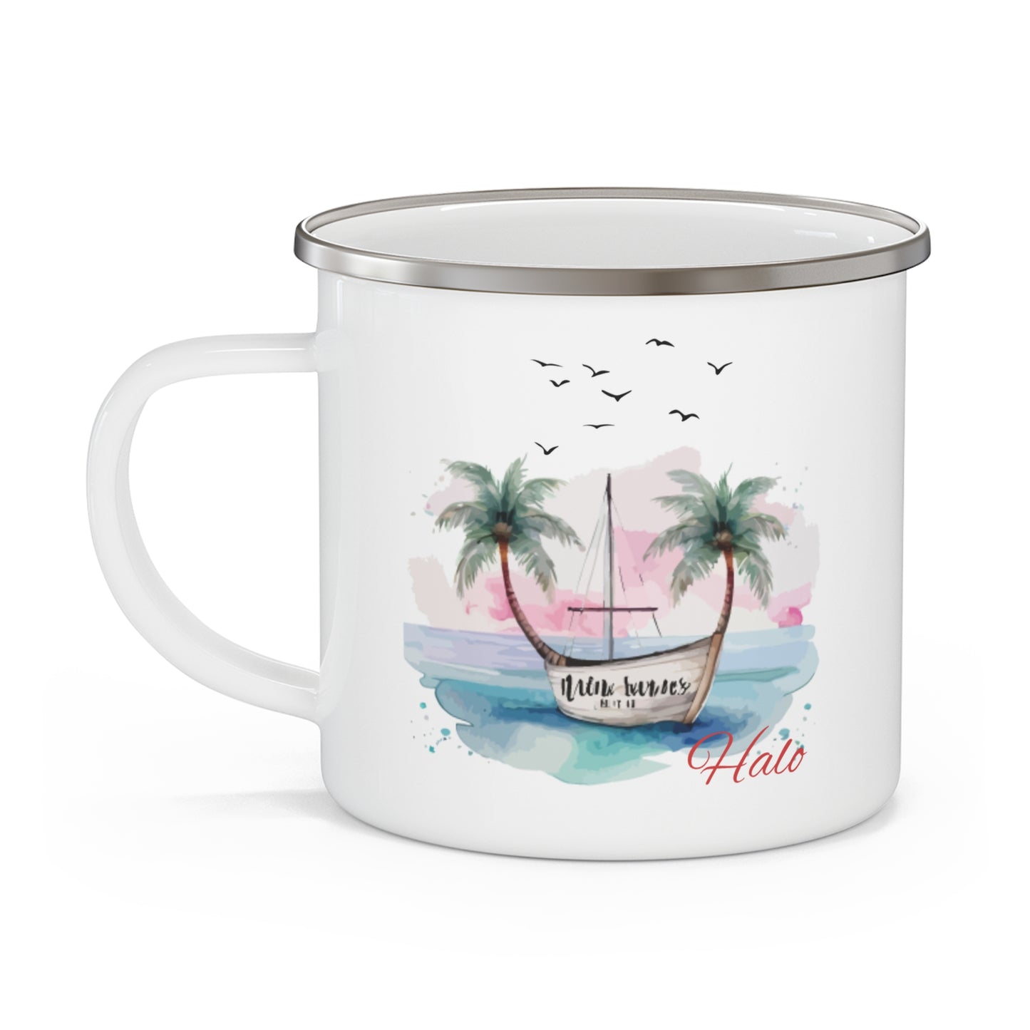 Coastal Enamel Camping Mug with Palm Trees and Boat Design