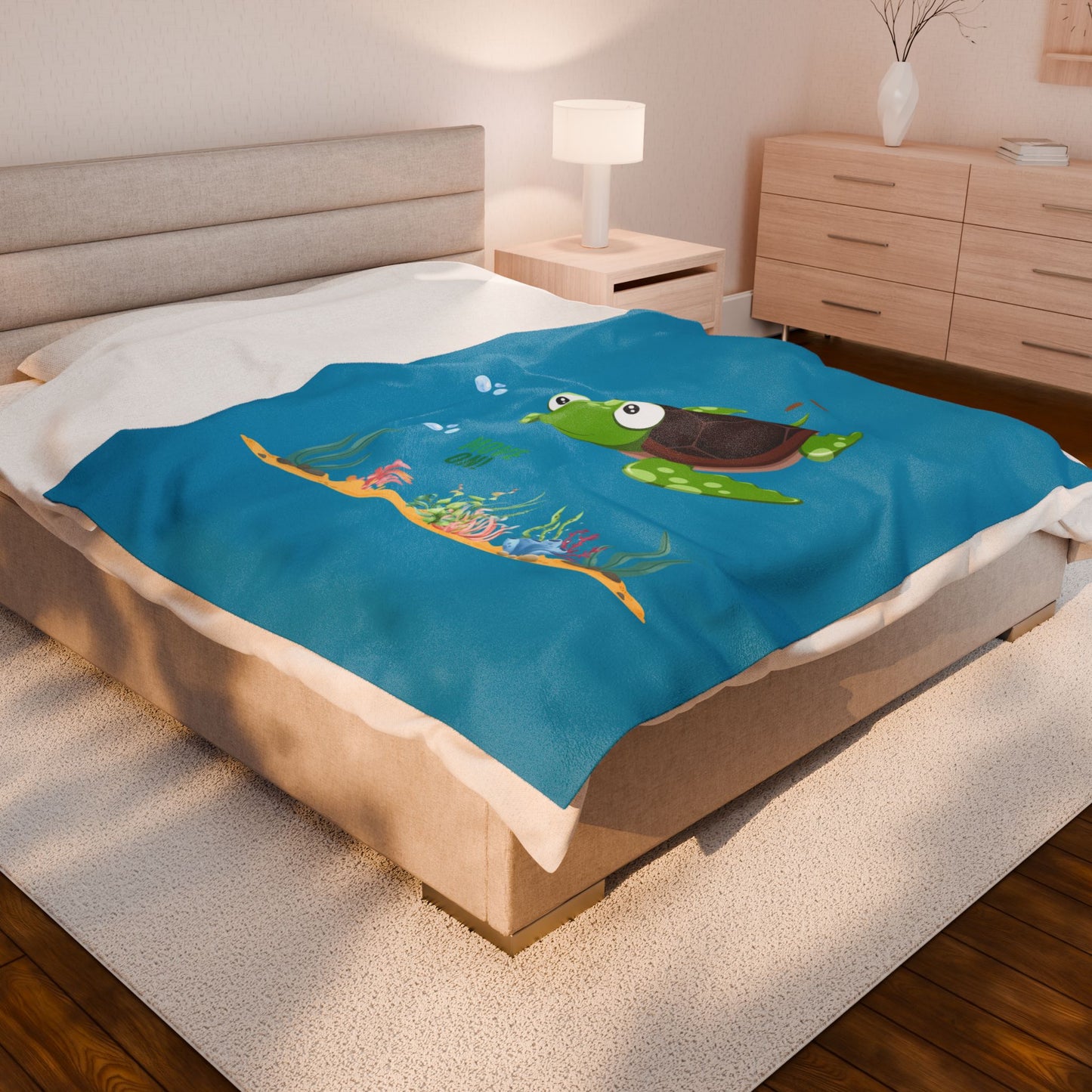 Turtle with seaweed and bubble Velveteen Plush Blanket