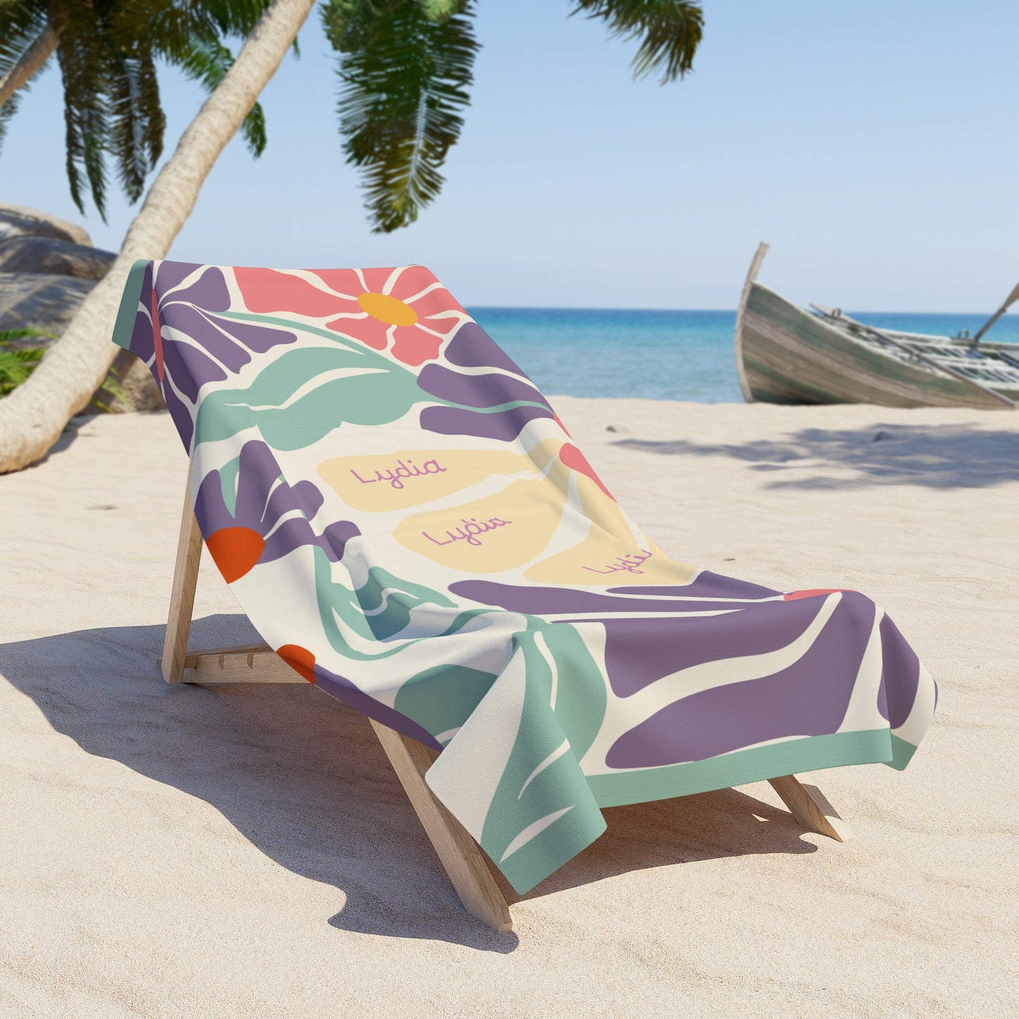 Floral Sunset Beach Towel — Pastel Tropical Flowers Personalized