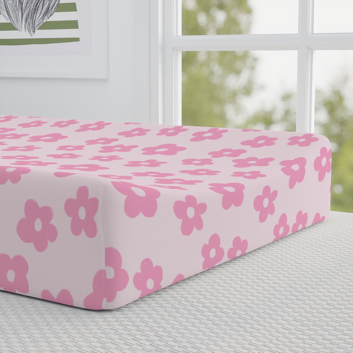 Personalized Pink Floral Baby Changing Pad Cover – Cute Kitten Name Design