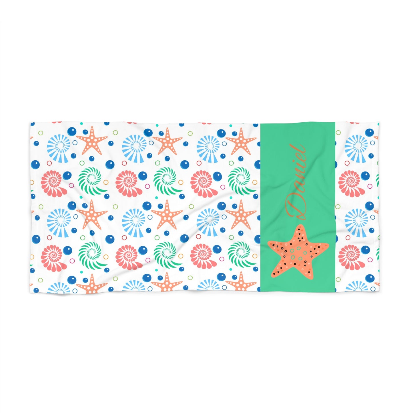 Personalized Starfish Beach Towel – Nautical Seashell Pattern, Custom Name Option