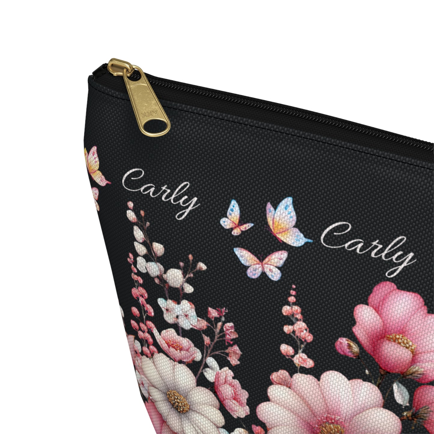 Floral Cosmetic Pouch with Pink Blooms — Personalized 'Carly' Accessory Bag