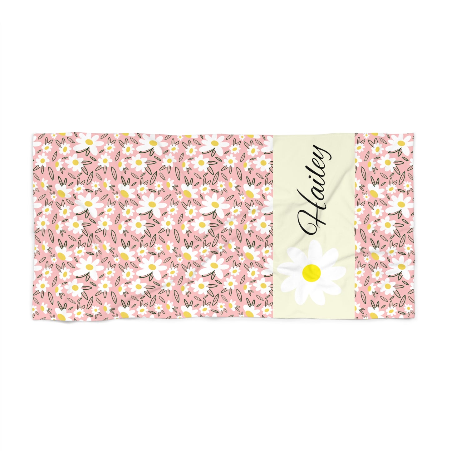 Personalized Daisy Floral Beach Towel — Custom Name Pink Summer Towel