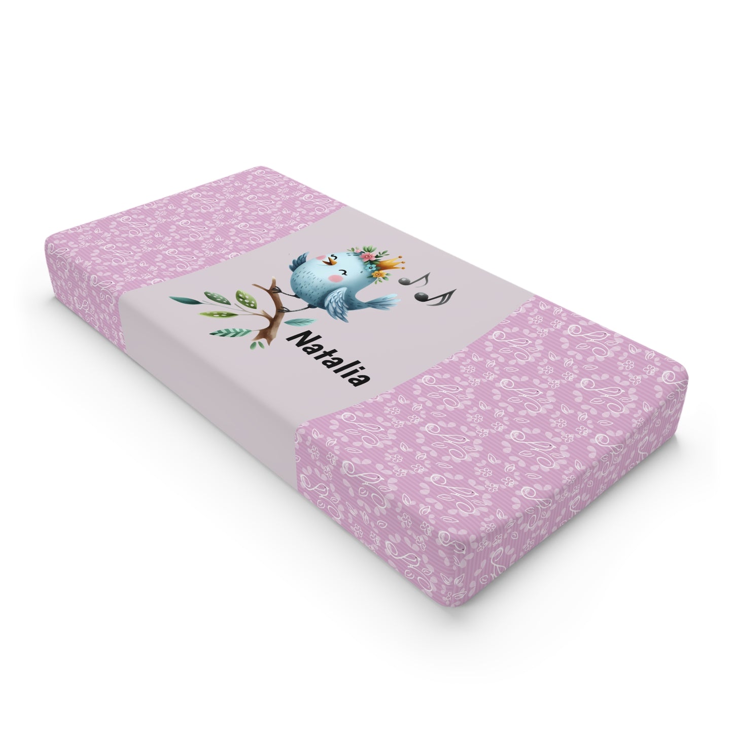 Personalized Baby Changing Pad Cover — Pink Floral with Cute Blue Bird Name (e.g., Natalia)