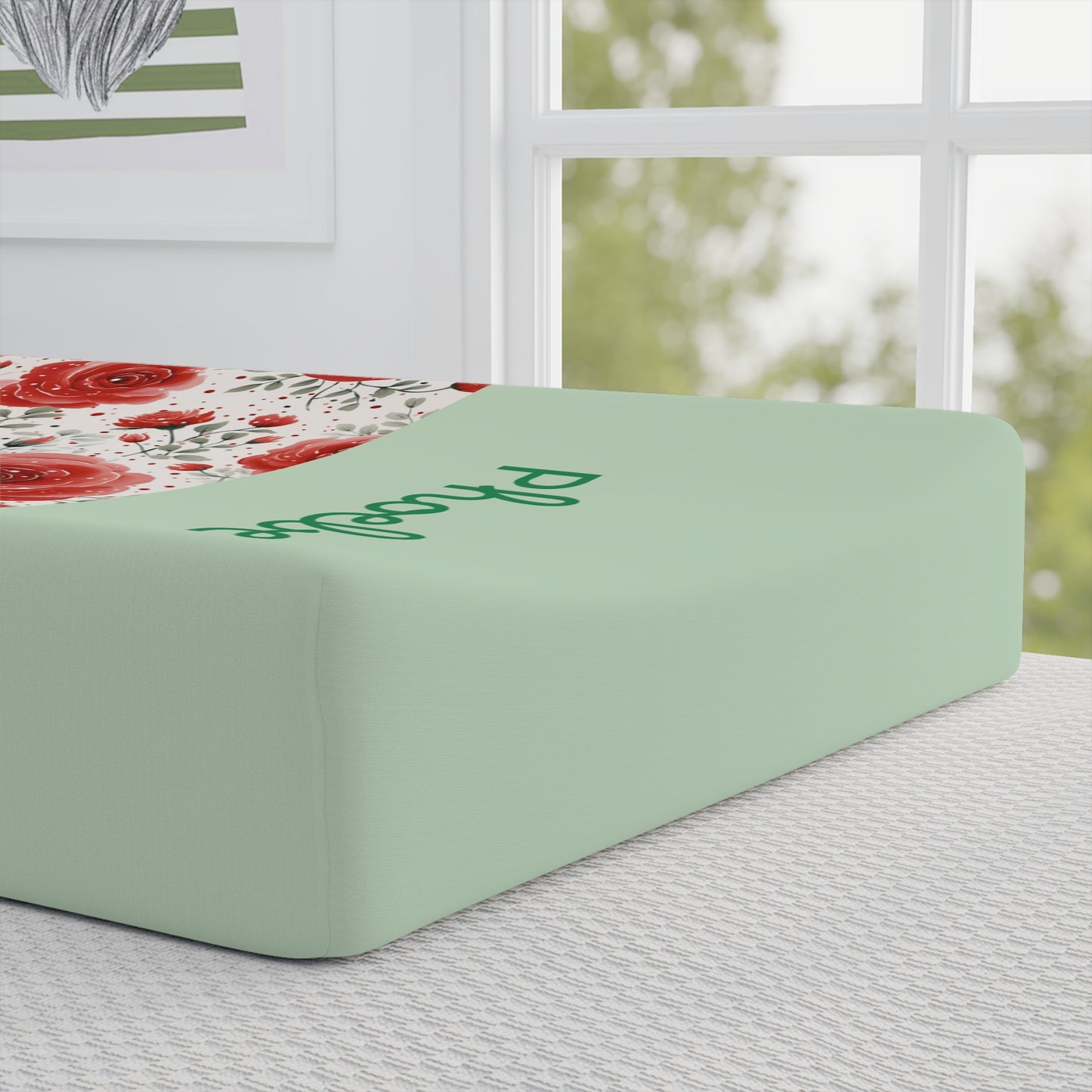 Floral Rose Baby Changing Pad Cover — Personalized Mint Green Nursery