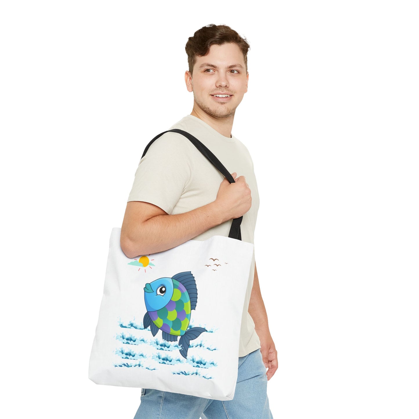 Fish with a sun and birds in the sky above water Tote Bag