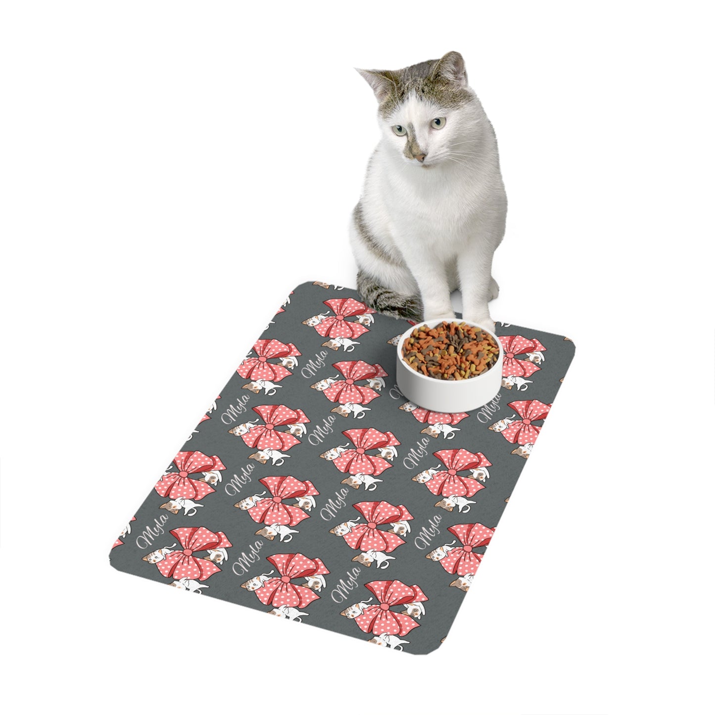 Personalized Bow Pattern Pet Food Mat – Cute Dog Placemat (12x18)